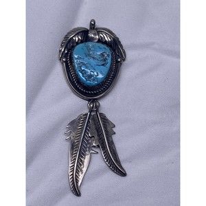 Vintage Native American Sterling  Turquoise Pendant Feathers For Necklace Signed